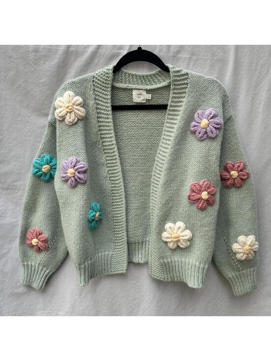 Luna Ivy Sweaters - Luna Ivy Anthropologie Mint Green Knit Oversized Cardigan with Flowers Sz XS